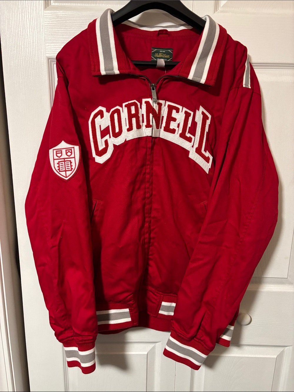 Unbranded Red Cornell-Style Varsity Jacket with Stripe Trim